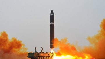 A Hwasong-15 intercontinental ballistic missile (ICBM) is launched at Pyongyang International Airport
